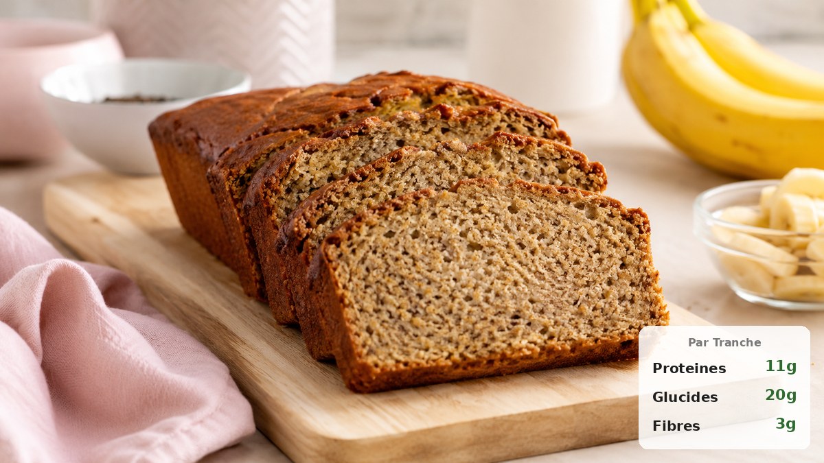 Banana bread protéiné sans whey tranché sur une planche en bois avec bananes mûres et fromage blanc