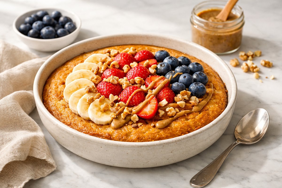 Bowlcake protéiné sans whey dans un bol avec des fruits rouges et des noix