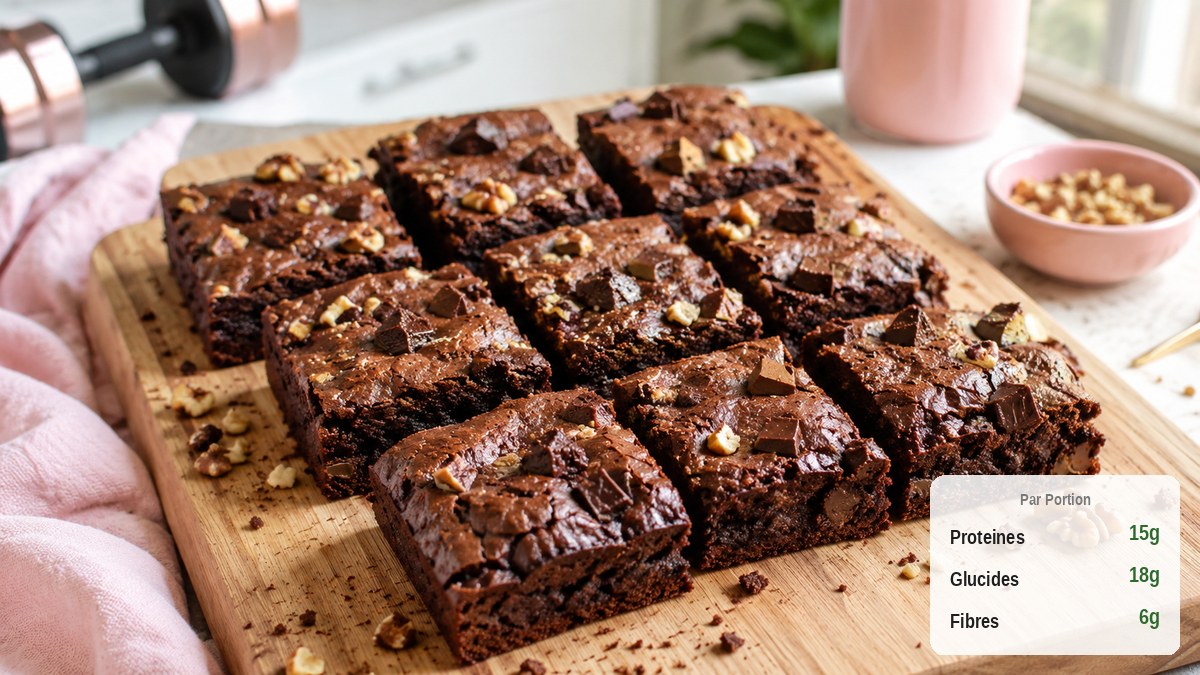 Brownie protéiné sans whey fondant au chocolat noir découpé en carrés sur une planche en bois