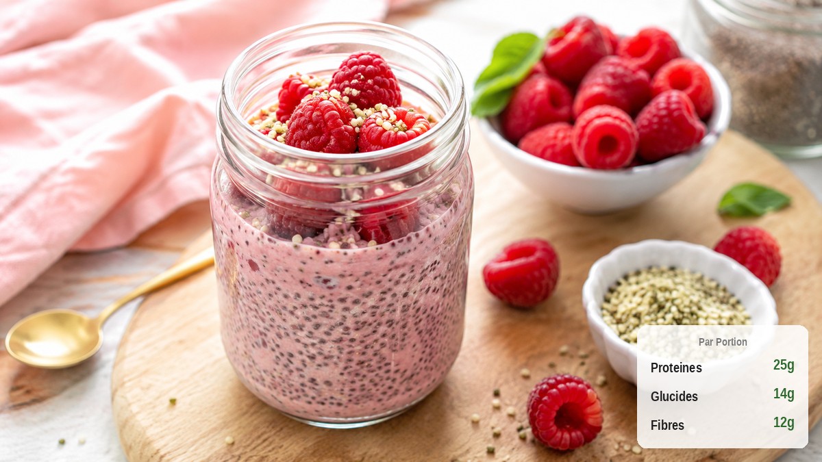 Bocal de chia pudding protéiné aux framboises et graines de chia avec yaourt grec
