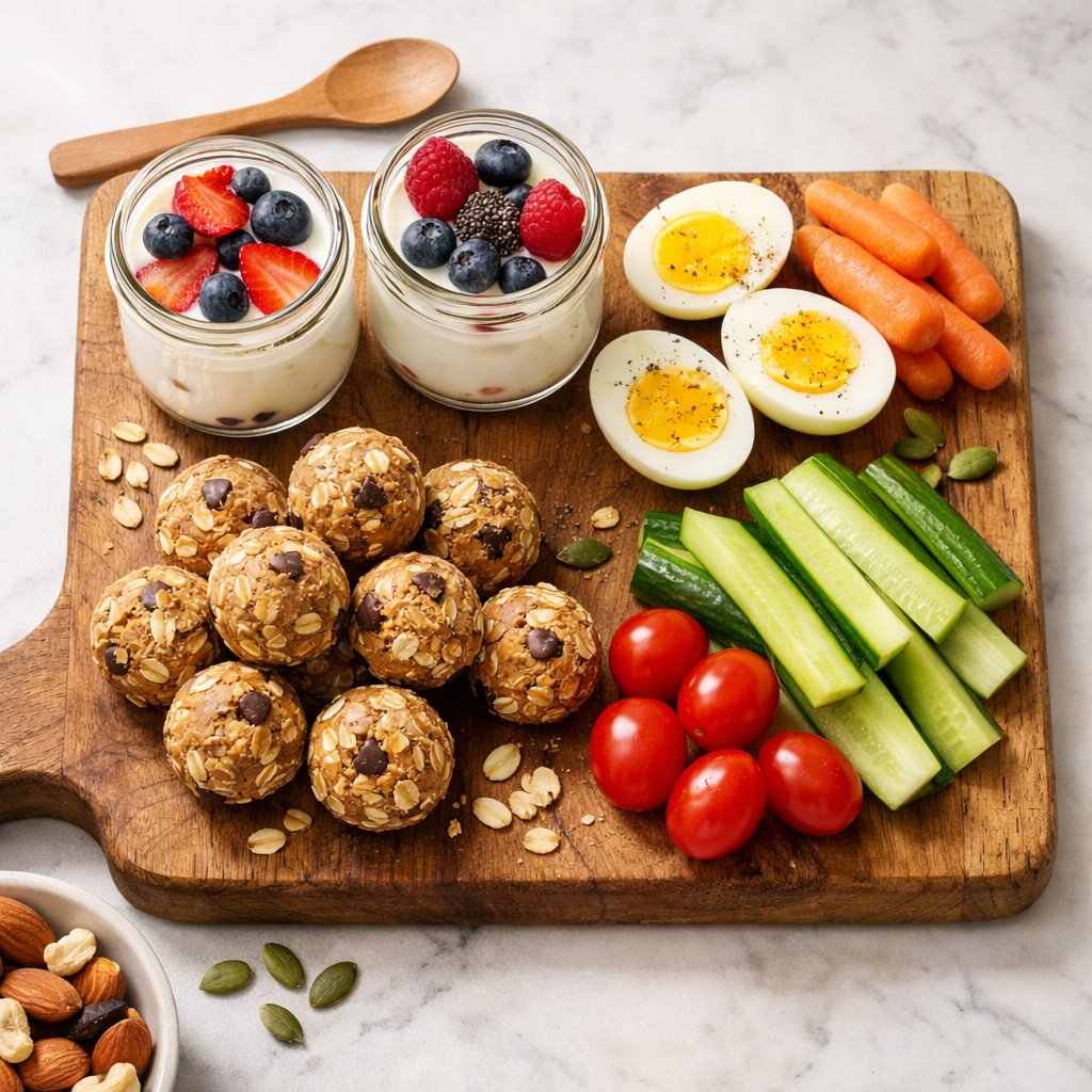 Plateau de collations protéinées maison avec fromage blanc, œufs durs et energy balls