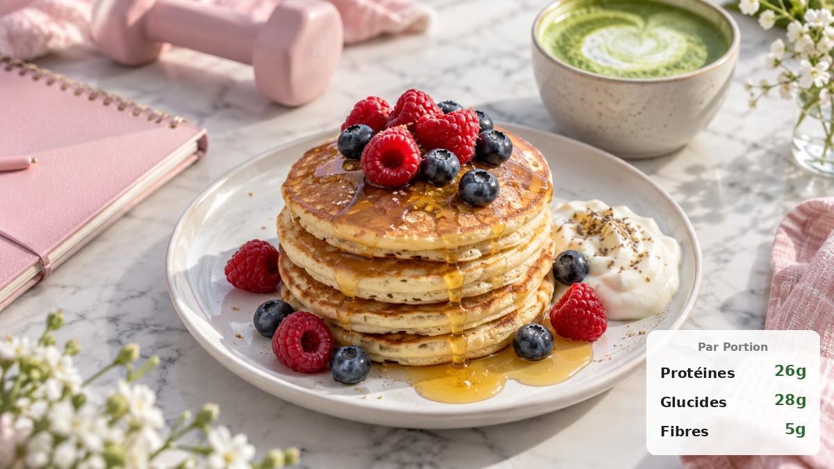 Pile de crêpes protéinées sans whey dorées avec fruits rouges et yaourt grec