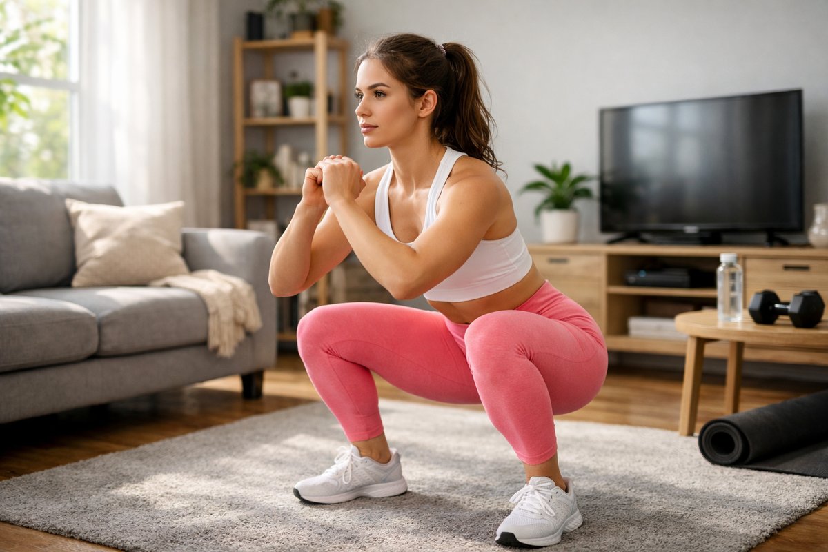 Femme réalisant un squat au poids du corps à la maison