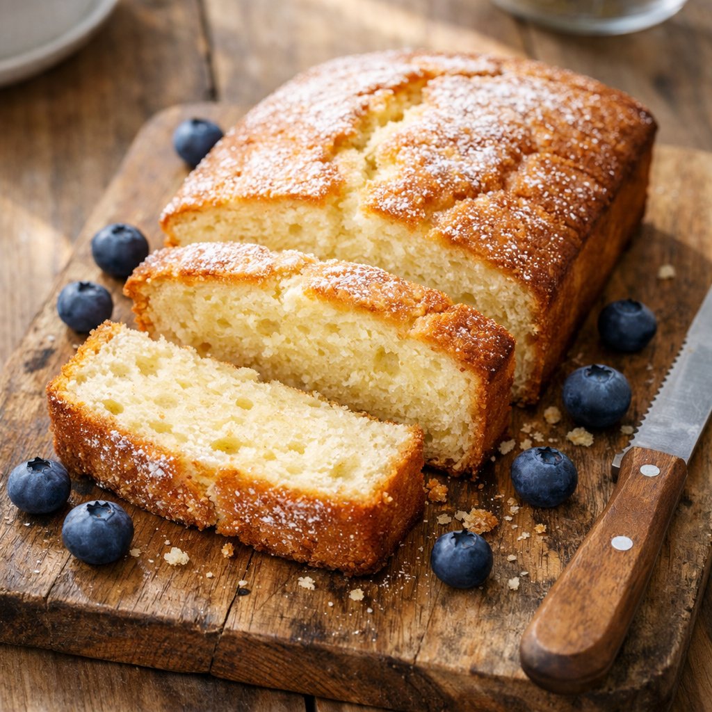 Gâteau au yaourt protéiné tranché sur une planche en bois avec des myrtilles