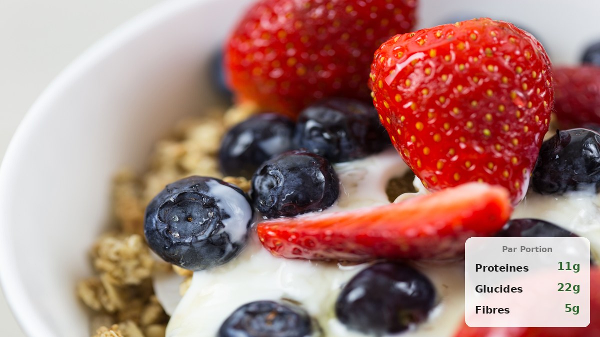 Granola protéiné maison sans whey croustillant aux flocons d'avoine, amandes et graines dans un bol blanc avec fromage blanc et myrtilles