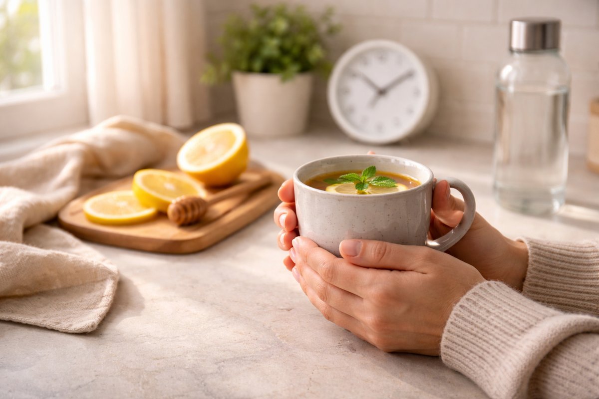 Femme tenant une tasse de tisane le matin pendant une journée de jeûne