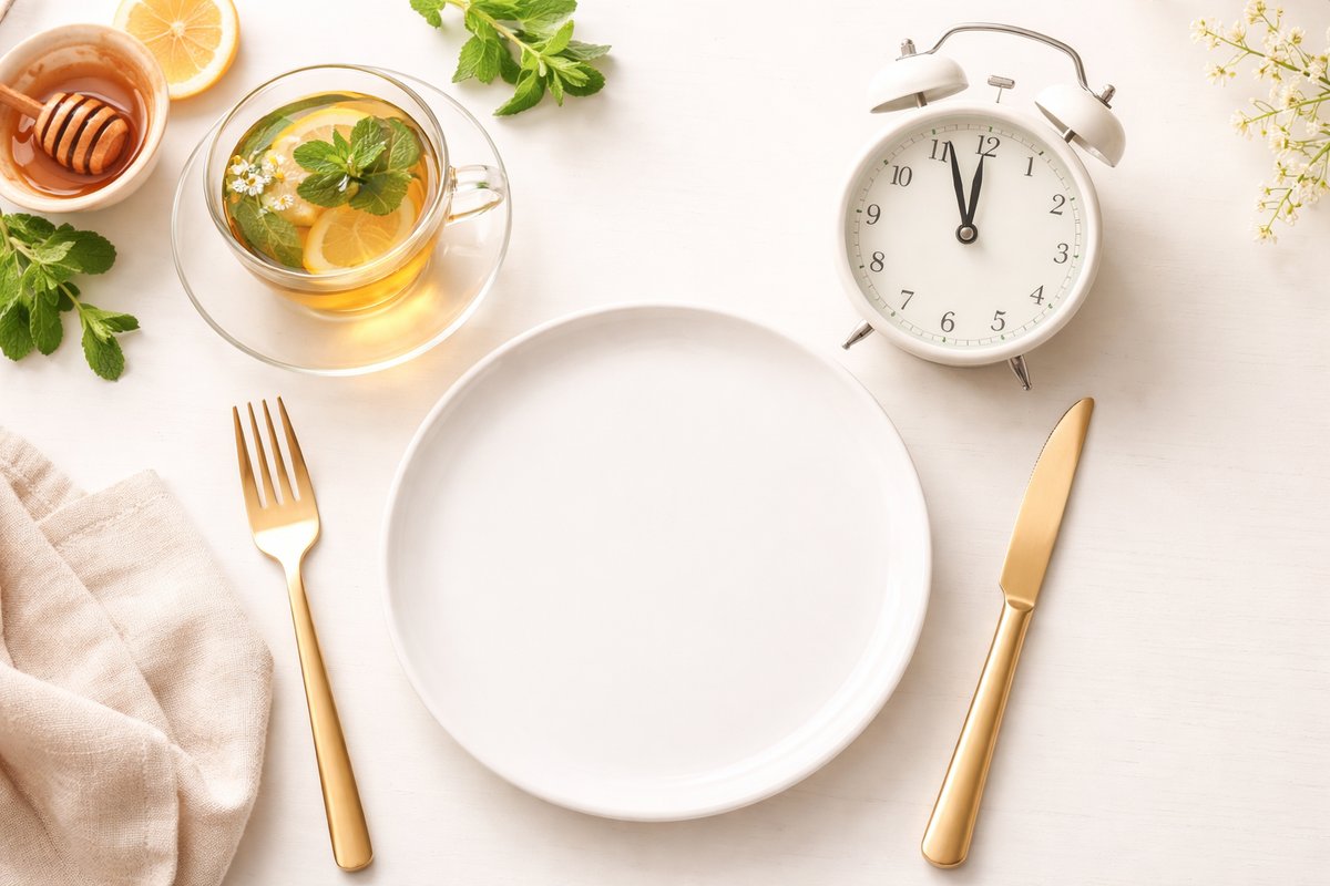 Tasse de thé et horloge symbolisant le jeûne intermittent