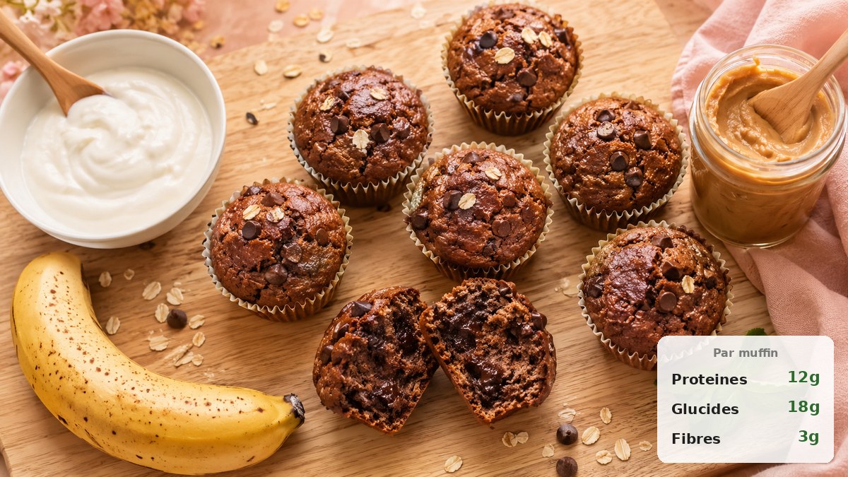 Muffins protéinés sans whey moelleux au chocolat sur une planche en bois avec fromage blanc