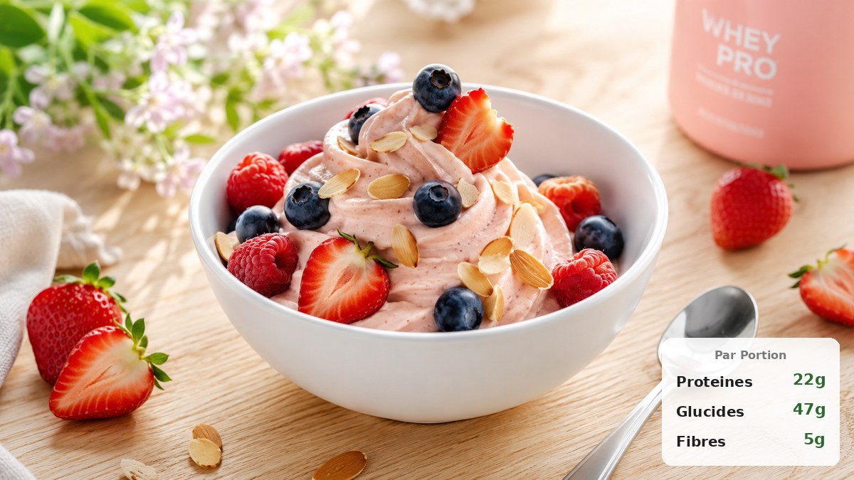 Bol de nice cream protéinée banane crémeuse avec des fruits rouges et des éclats d'amandes, posé sur une table en bois clair