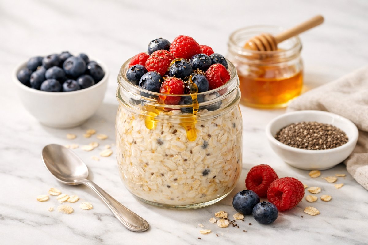 Pot d'overnight oats protéiné avec des fruits rouges, des graines de chia et du skyr