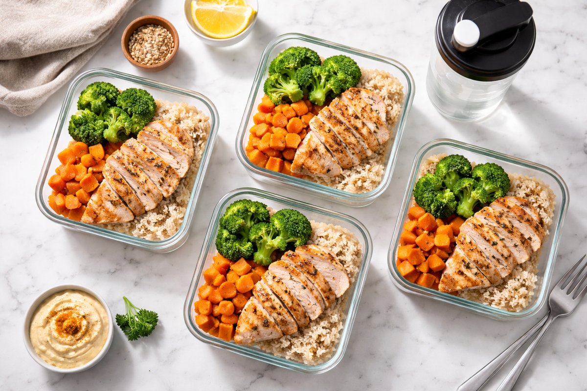 Meal prep healthy avec poulet, riz et légumes pour prise de masse