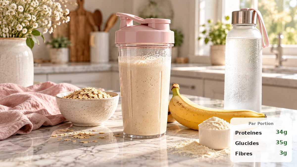 Shake protéiné vanille dans un shaker transparent avec banane, flocons d'avoine et poudre de protéine sur une table en bois clair