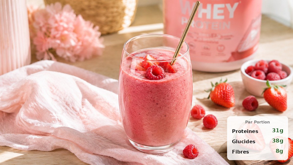 Smoothie protéiné rose aux fruits rouges et skyr posé sur une table avec une serviette en lin et des baies fraîches